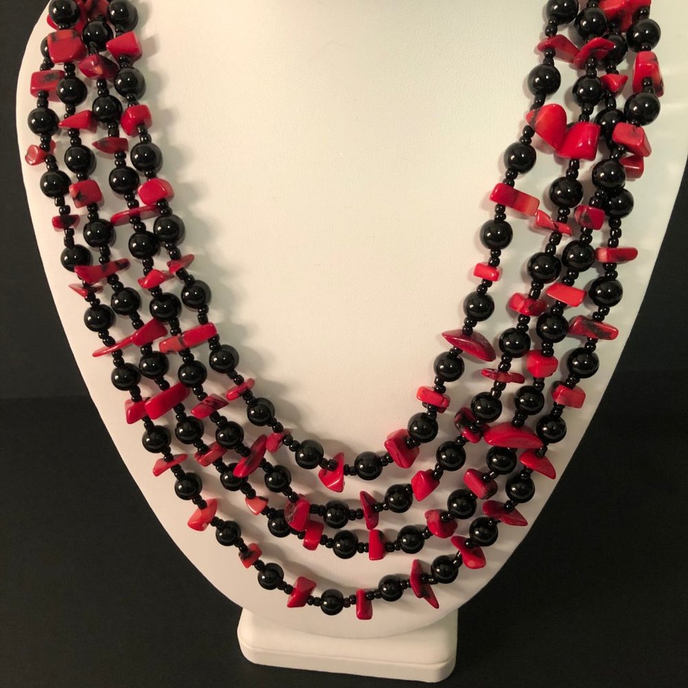 Multi-Strand Black & Red Necklace & Earrings - Picture 4 of 8